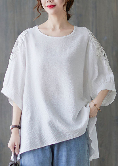 Simple White O-neck Asymmetrical Patchwork Cotton T Shirt Summer