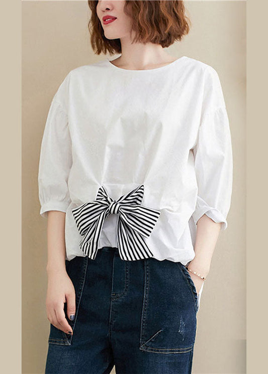Simple White O-neck Bow Patchwork Fall Top Three Quarter Sleeve