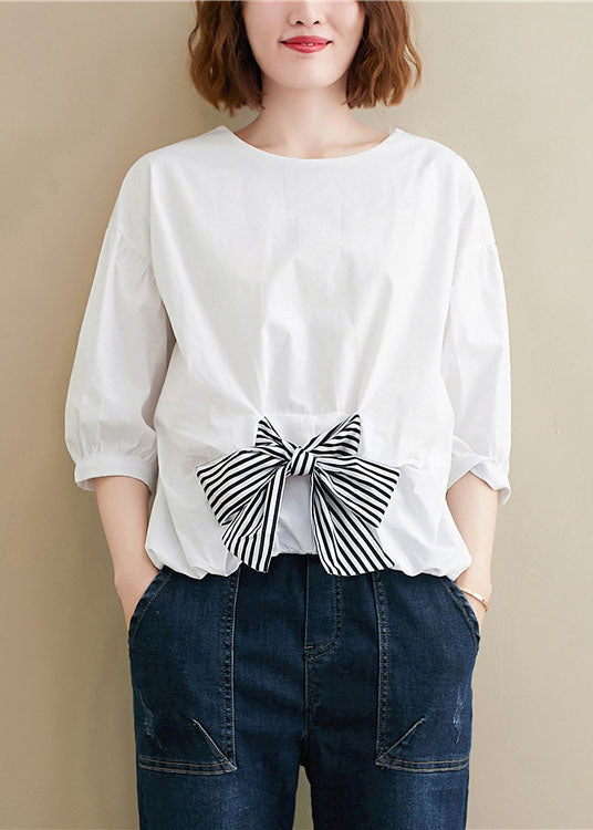 Simple White O-neck Bow Patchwork Fall Top Three Quarter Sleeve