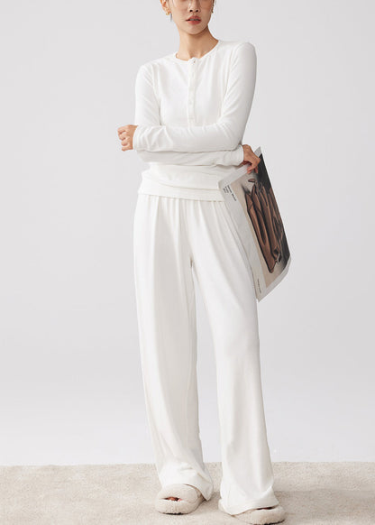 Simple White O Neck Button T Shirt and Wide Leg Pants Cotton Two-piece Set Spring