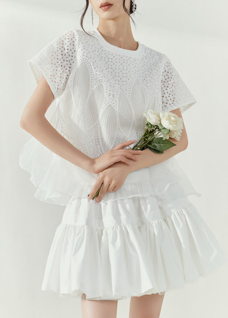 Simple White O-neck Hollow Out Tulle Patchwork Top Short Sleeve