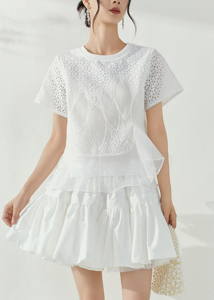 Simple White O-neck Hollow Out Tulle Patchwork Top Short Sleeve
