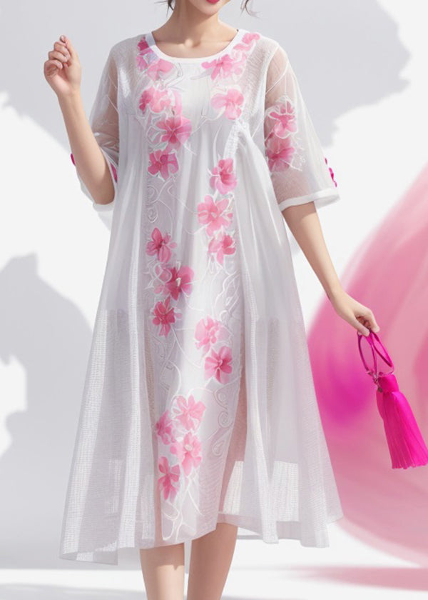 Simple White O Neck Print Silk Dress Summer