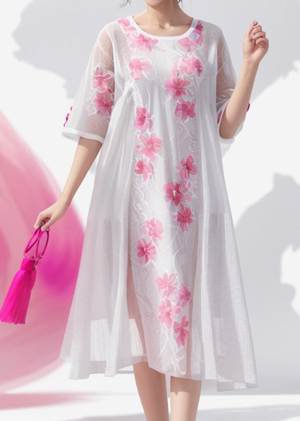 Simple White O Neck Print Silk Dress Summer