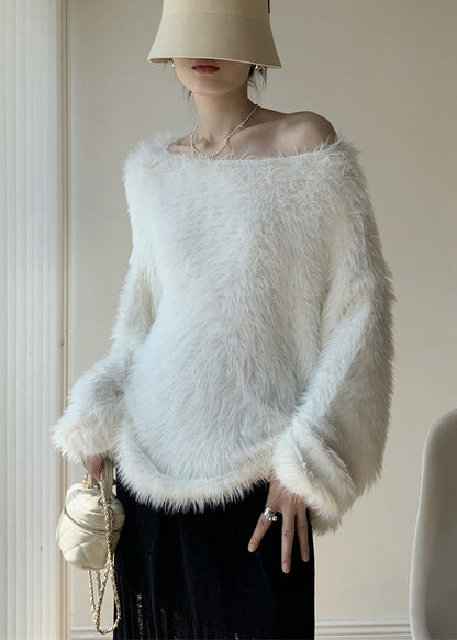 Simple White O-neck Mink Velvet Knit Sweater Spring