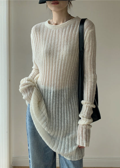 Simple White O-neck Thin Knit Sweater Dress Spring