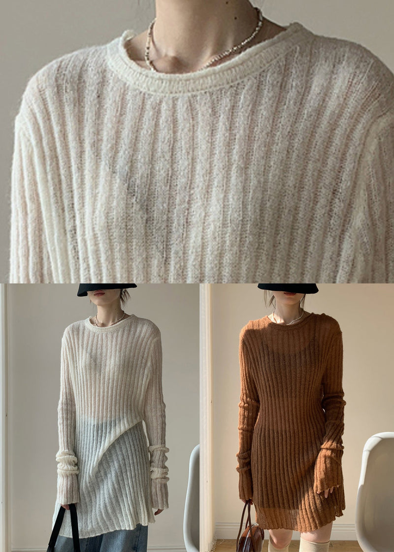 Simple White O-neck Thin Knit Sweater Dress Spring