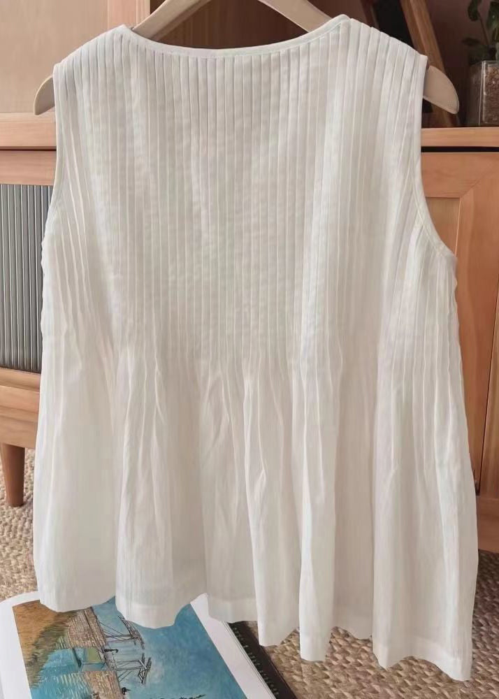 Simple White O Neck Wrinkled Cotton Vest Sleeveless