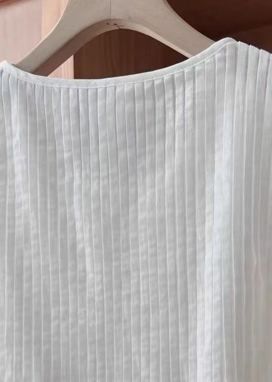 Simple White O Neck Wrinkled Cotton Vest Sleeveless