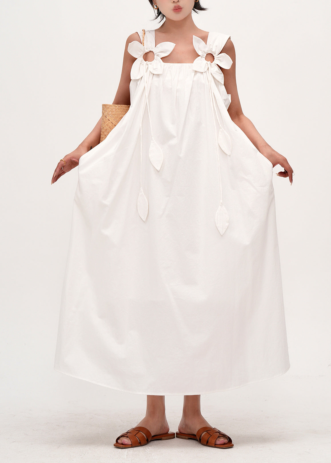 Simple White Oversized Decorated Cotton Cami Dress Summer