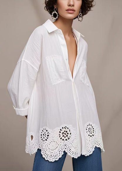 Simple White Oversized Hollow Out Cotton Shirt Top Spring