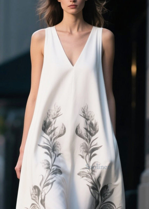 Simple White Oversized Print Chiffon Long Dress Summer