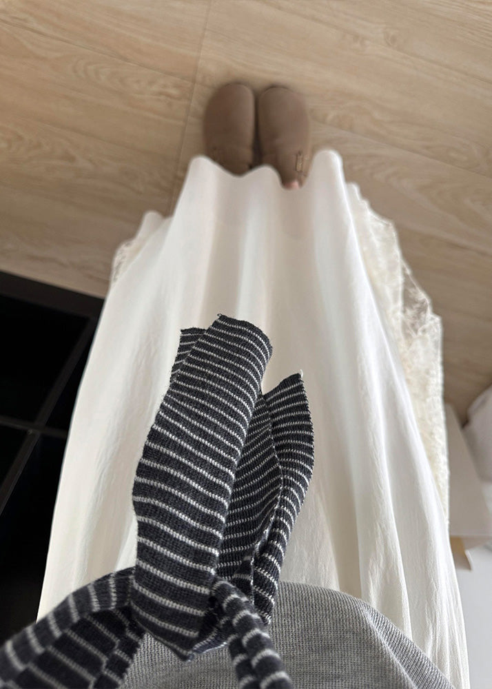 Simple White Patchwork Lace a Line Skirt Fall