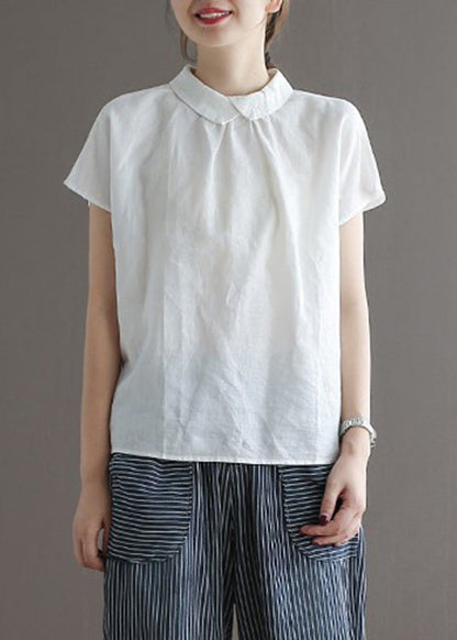 Simple White Peter Pan Collar Button Ramie Top Short Sleeve