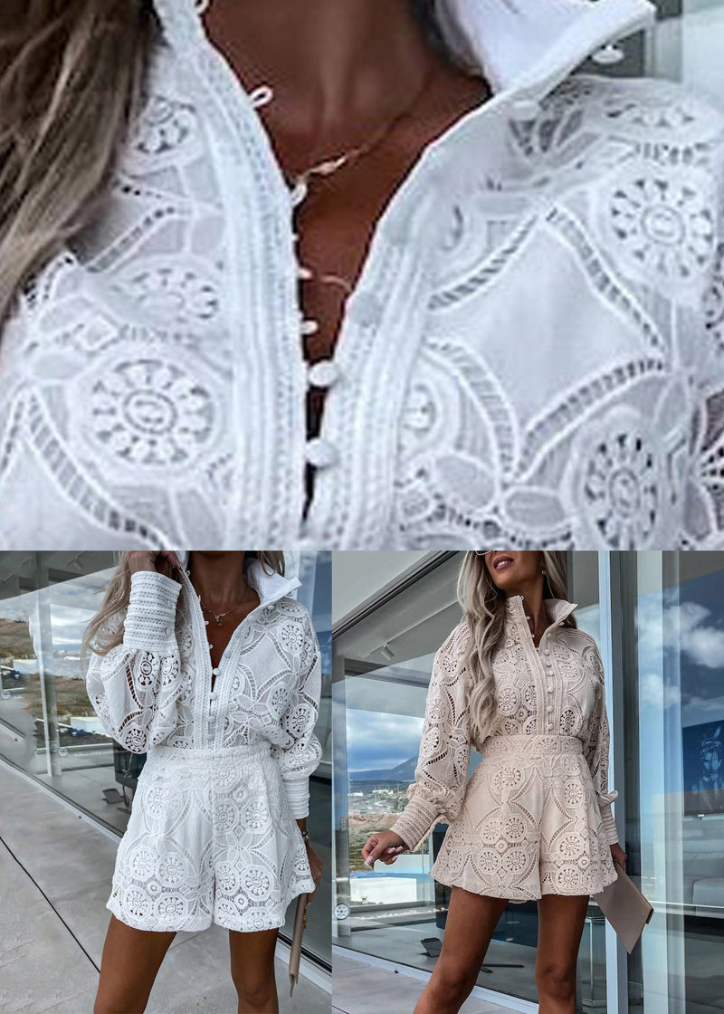 Simple White Peter Pan Collar Lace Shirts and Shorts Two Pieces Set Lantern Sleeve