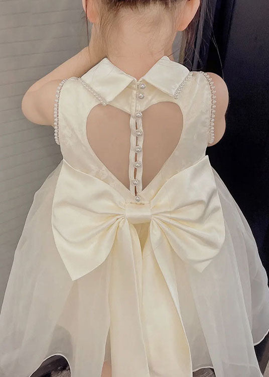 Simple White Peter Pan Collar Nail Bead Patchwork Tulle Kids Dresses Sleeveless