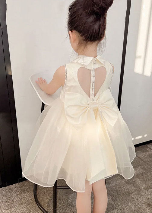 Simple White Peter Pan Collar Nail Bead Patchwork Tulle Kids Dresses Sleeveless