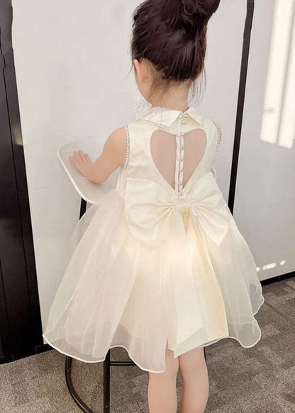 Simple White Peter Pan Collar Nail Bead Patchwork Tulle Kids Dresses Sleeveless