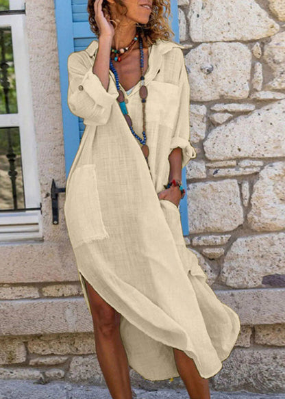 Simple White Peter Pan Collar Side Open Holiday Long Dress Fall