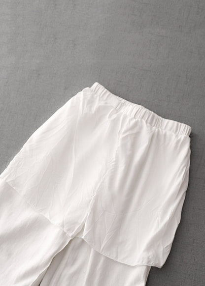 Simple White Pockets Elastic Waist Cotton Pants Summer