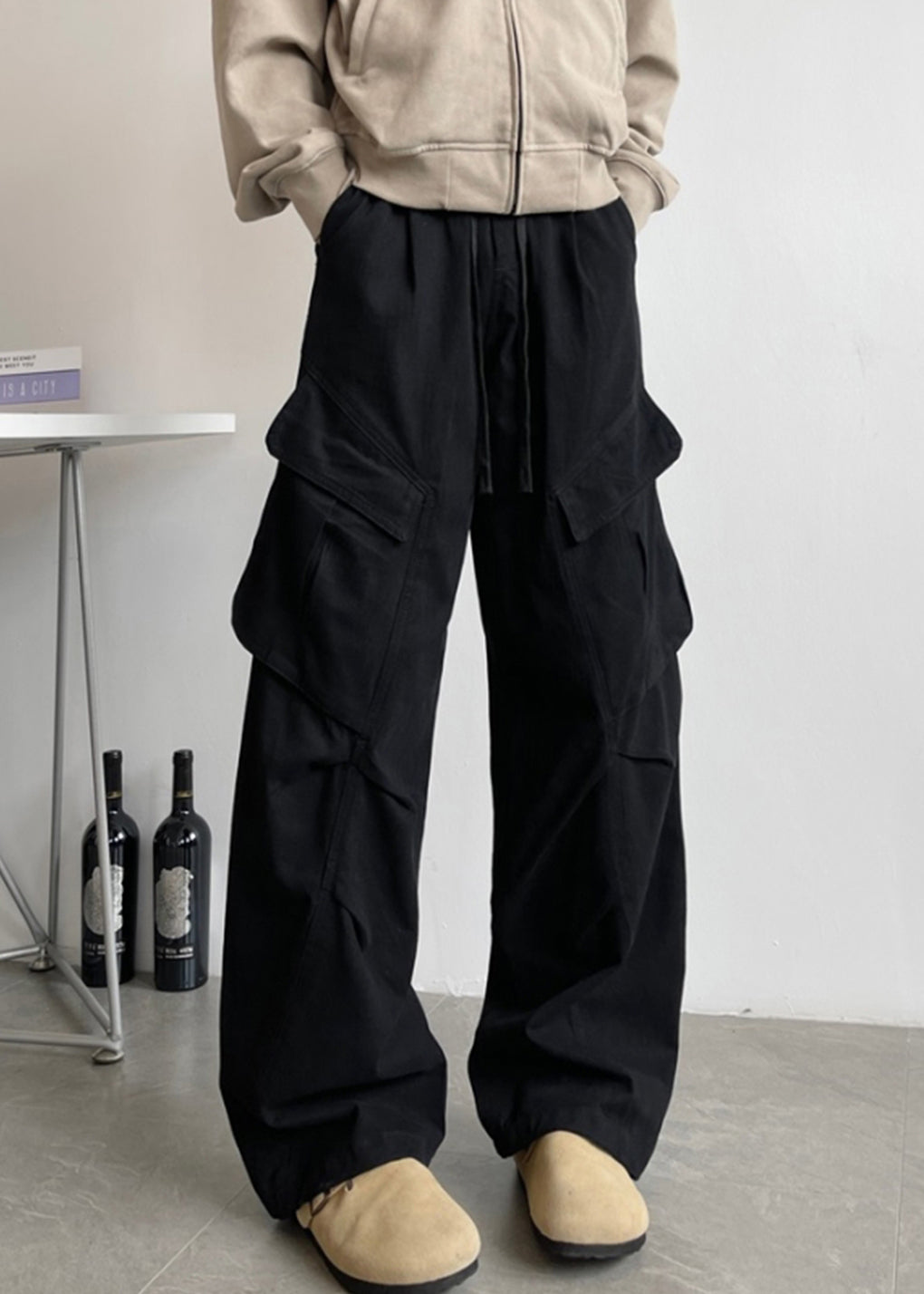 Simple White Pockets Lace Up Elastic Waist Cotton Pants Spring