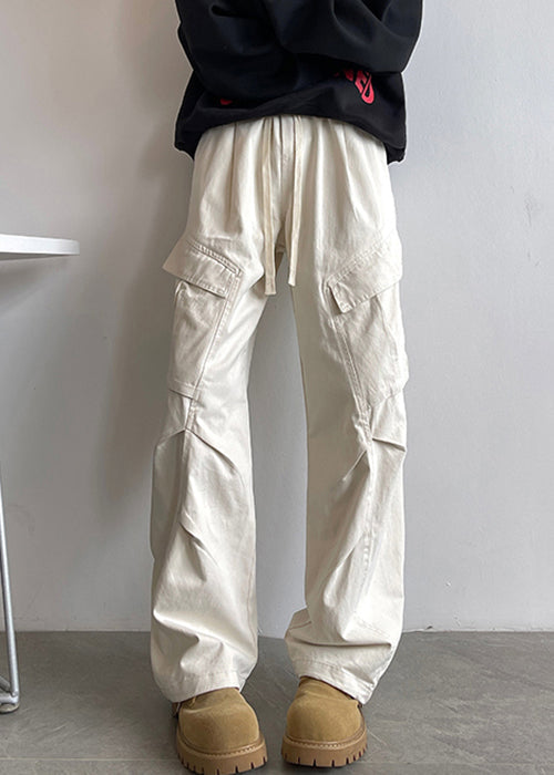 Simple White Pockets Lace Up Elastic Waist Cotton Pants Spring