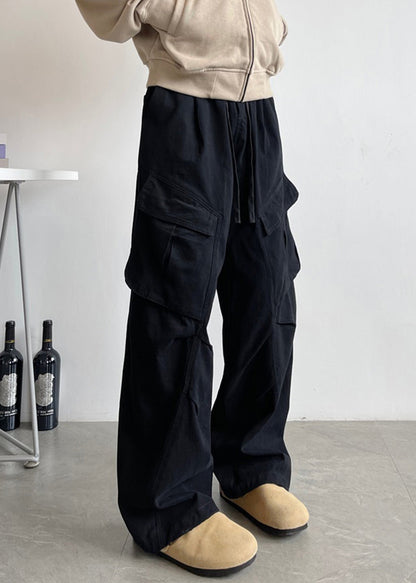 Simple White Pockets Lace Up Elastic Waist Cotton Pants Spring