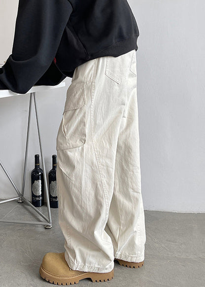 Simple White Pockets Lace Up Elastic Waist Cotton Pants Spring