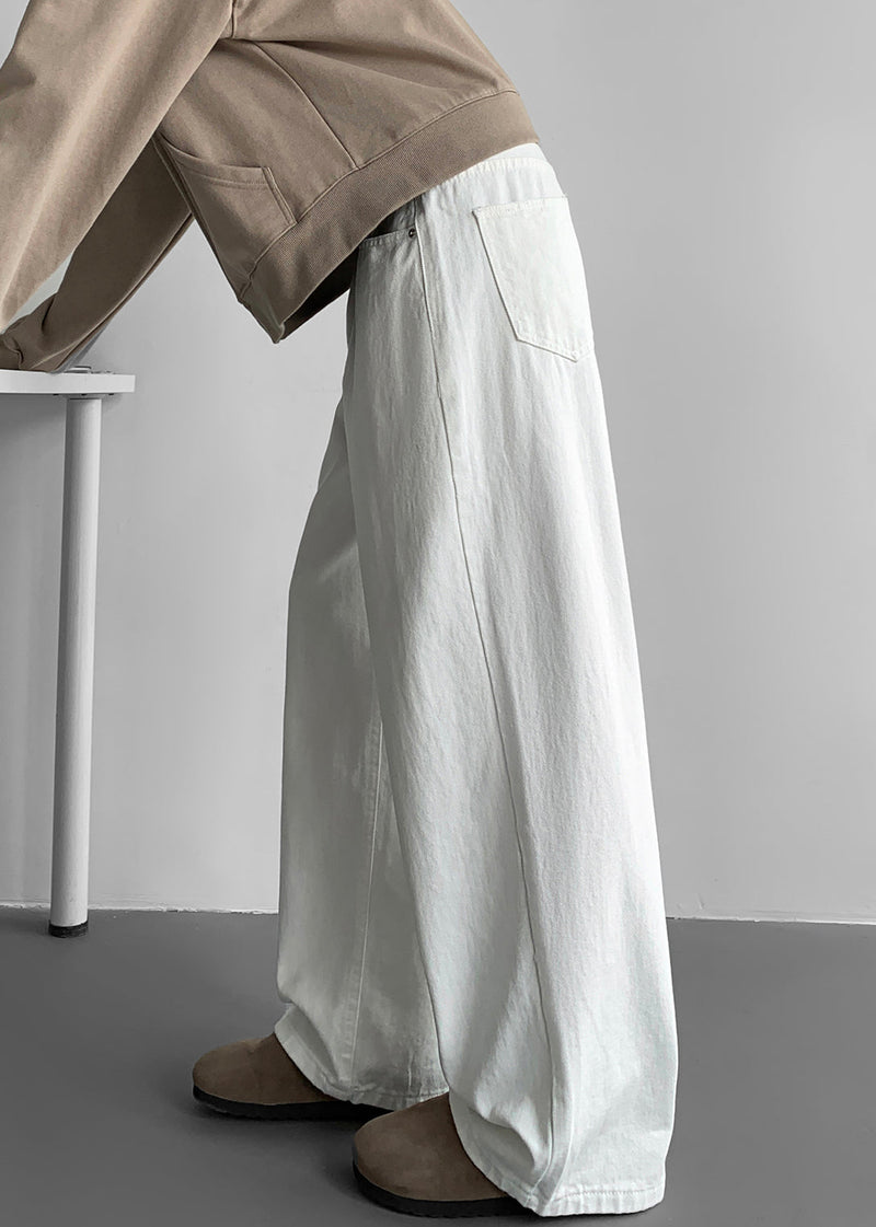 Simple White Pockets Denim Wide Leg Pants Fall