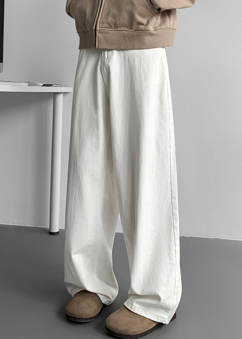 Simple White Pockets Denim Wide Leg Pants Fall