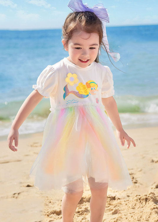 Simple White Ruffled Cartoon Print Patchwork Tulle Kids Dresses Summer
