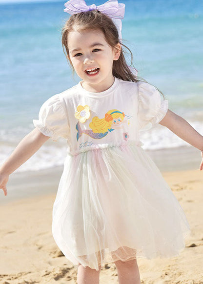 Simple White Ruffled Cartoon Print Patchwork Tulle Kids Dresses Summer