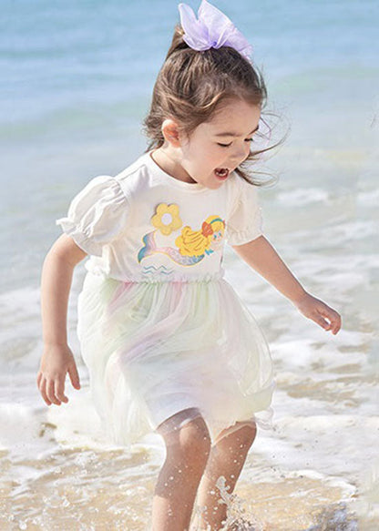 Simple White Ruffled Cartoon Print Patchwork Tulle Kids Dresses Summer