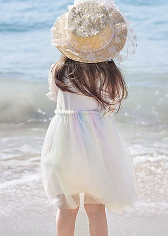 Simple White Ruffled Cartoon Print Patchwork Tulle Kids Dresses Summer