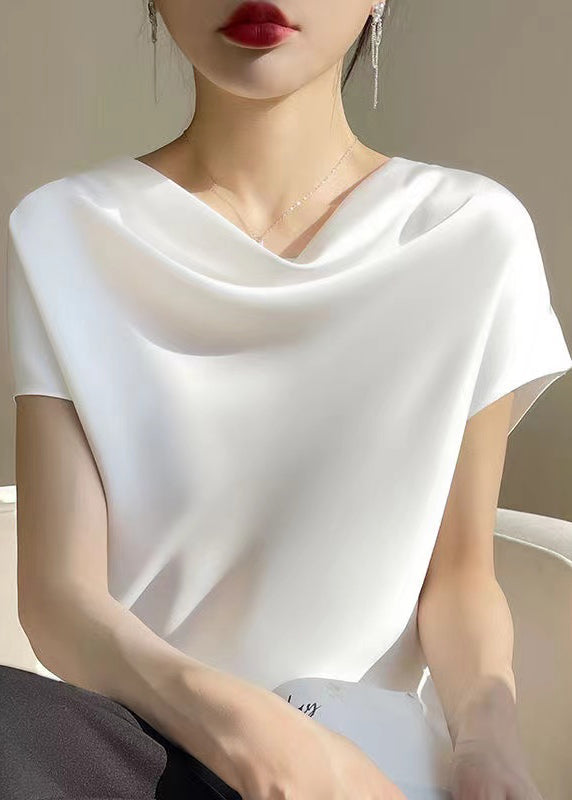 Simple White Turtle Neck Silk T Shirts Summer