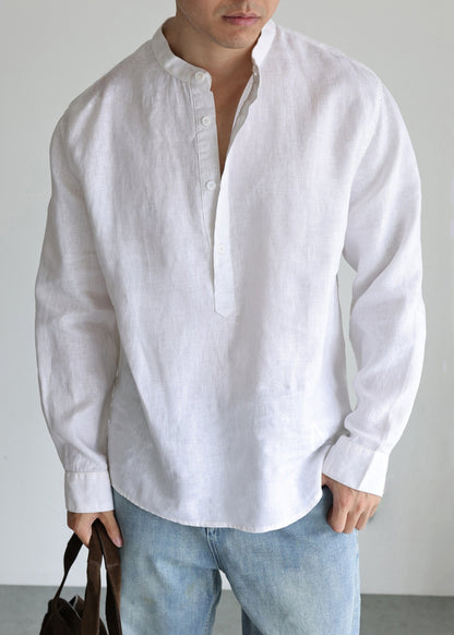 Simple White Stand Collar Button Linen Men's Shirts Fall