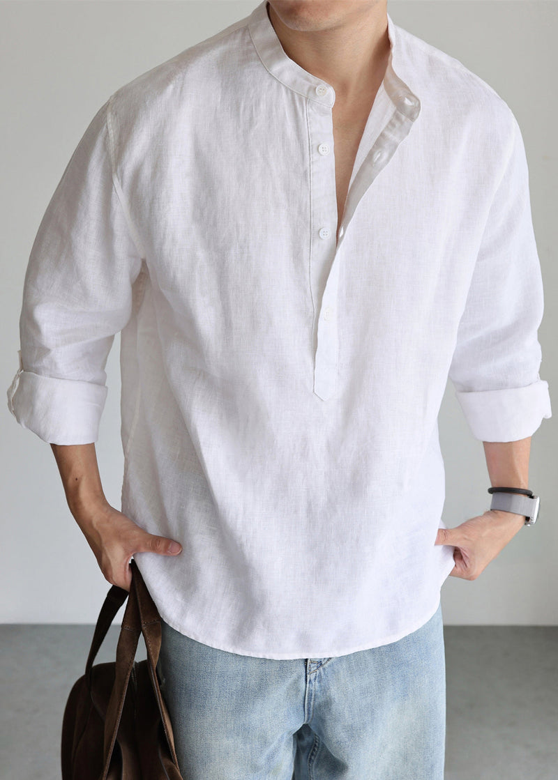 Simple White Stand Collar Button Linen Shirts Fall