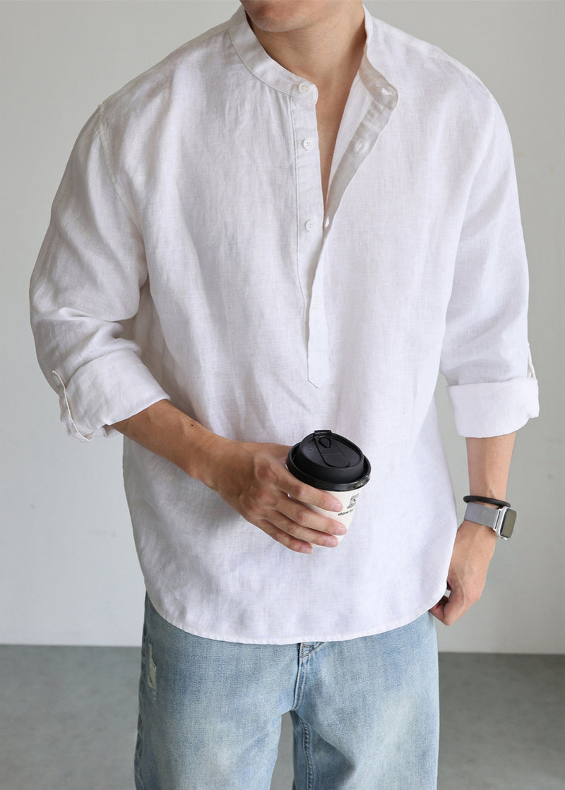 Simple White Stand Collar Button Linen Shirts Fall