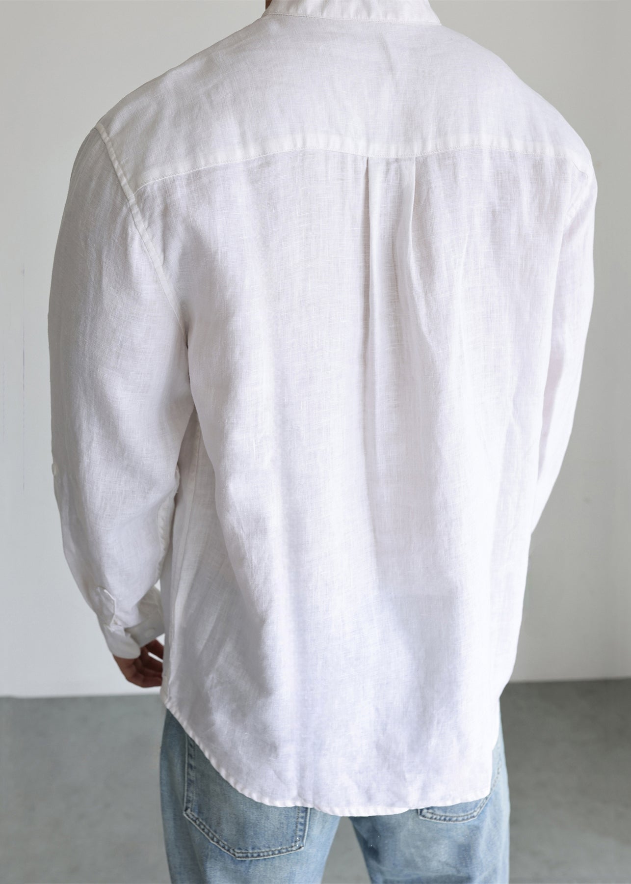 Simple White Stand Collar Button Linen Men's Shirts Fall