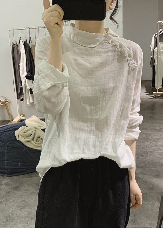 Simple White Stand Collar Cotton Shirt Spring