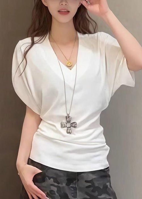 Simple White V Neck Cotton T Shirt Summer