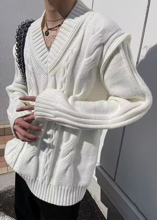 Simple White V Neck Knit Sweater Fall