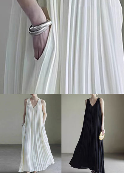 Simple White V Neck Wrinkled Chiffon Long Dress Sleeveless