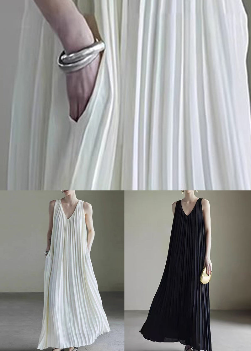 Simple White V Neck Wrinkled Chiffon Long Dress Sleeveless