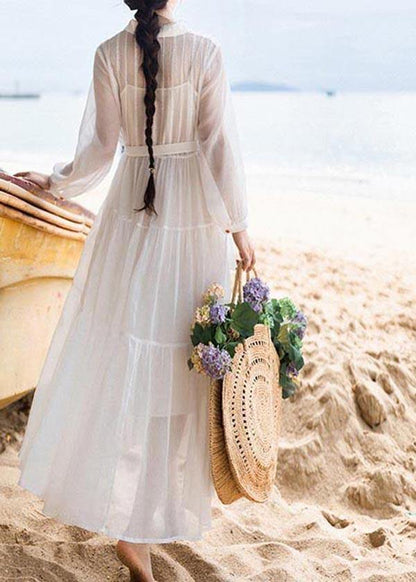 Simple White Tie Waist Long Sleeve Party Summer Chiffon Dress