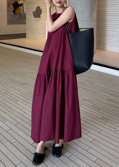 Simple Wine Red Pockets Wrinkled Cotton Long Dresses Sleeveles