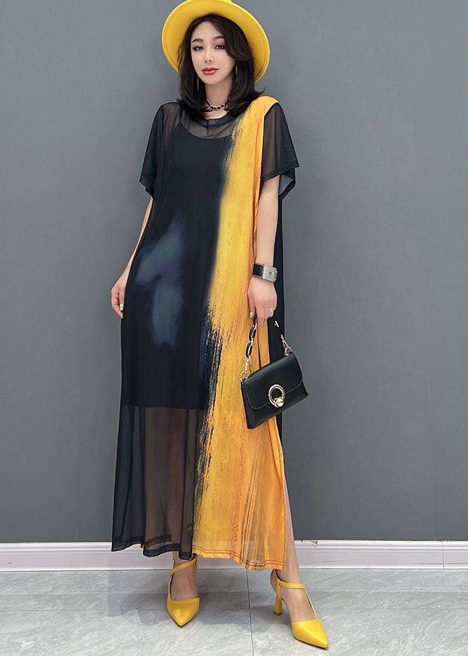 Simple Yellow Black O-neck Side Open Hollow Out Tulle Dress Long Smock Short Sleeve