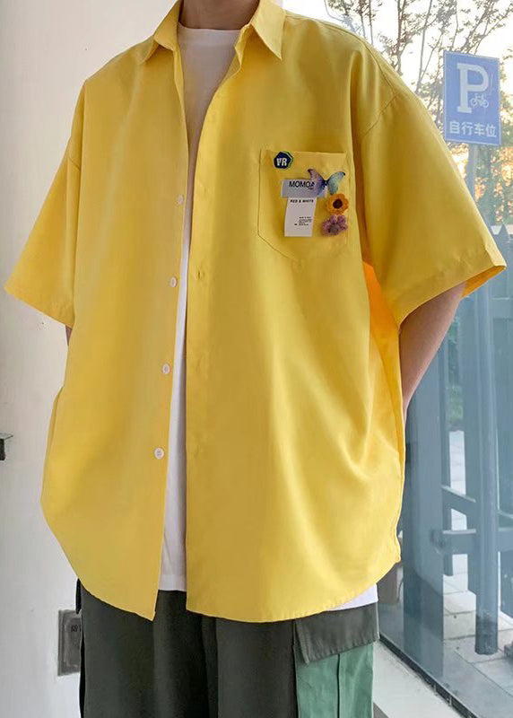 Simple Yellow Button Pockets Cotton Shirts Half Sleeve