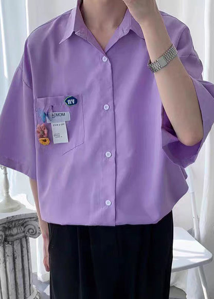 Simple Yellow Button Pockets Cotton Shirts Half Sleeve