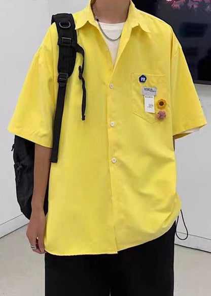 Simple Yellow Button Pockets Cotton Shirts Half Sleeve